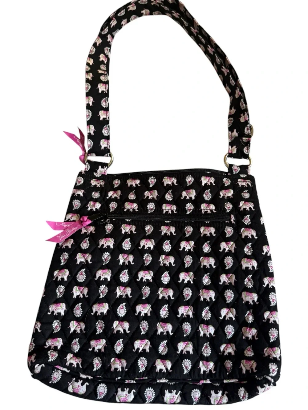 Vera Bradley Black Quilted Shoulder Bag with Pink Elephant Print